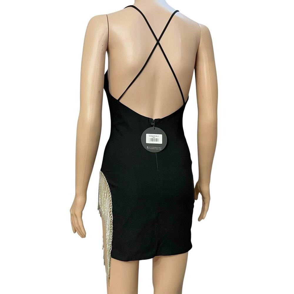 White Fox Come Back Mini Dress Small Rhinestone Fringe Bodycon Club Party Slit - Picture 5 of 11